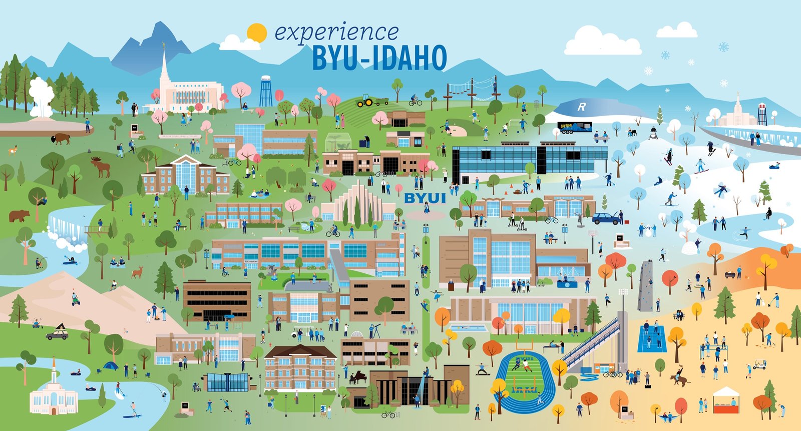 Illustrated map titled Experience BYU-Idaho, showing campus buildings, students, and seasonal activities from spring blossoms to winter skiing, with nearby landmarks like temples, waterfalls and sand dunes.